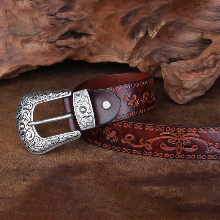 Ceinture unisexe en cuir à imprimé floral et texture rustique