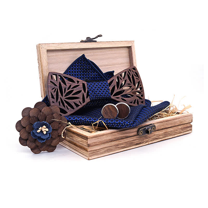 Lot de 4 nœuds papillon en bois à motif de feuilles creuses pour homme