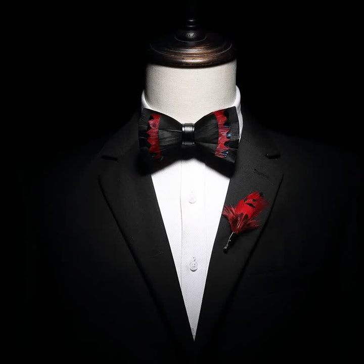 Nœud papillon en plumes de cygne noir et rouge pour enfant avec épingle à revers