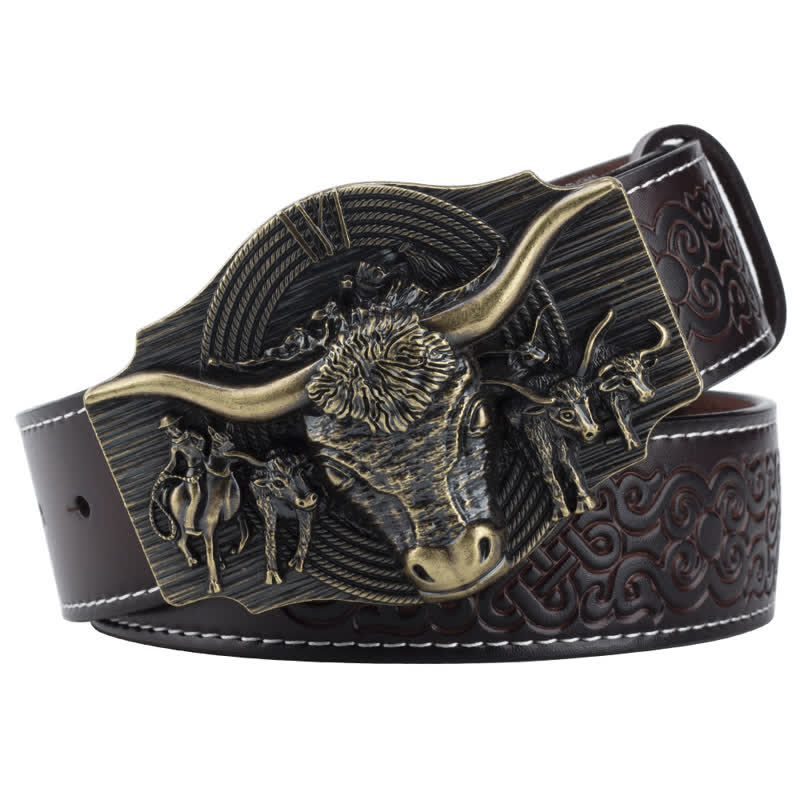 Ceinture en cuir gaufré pour homme avec motif taureau Longhorn - Café / Bronze - 46 - image 11