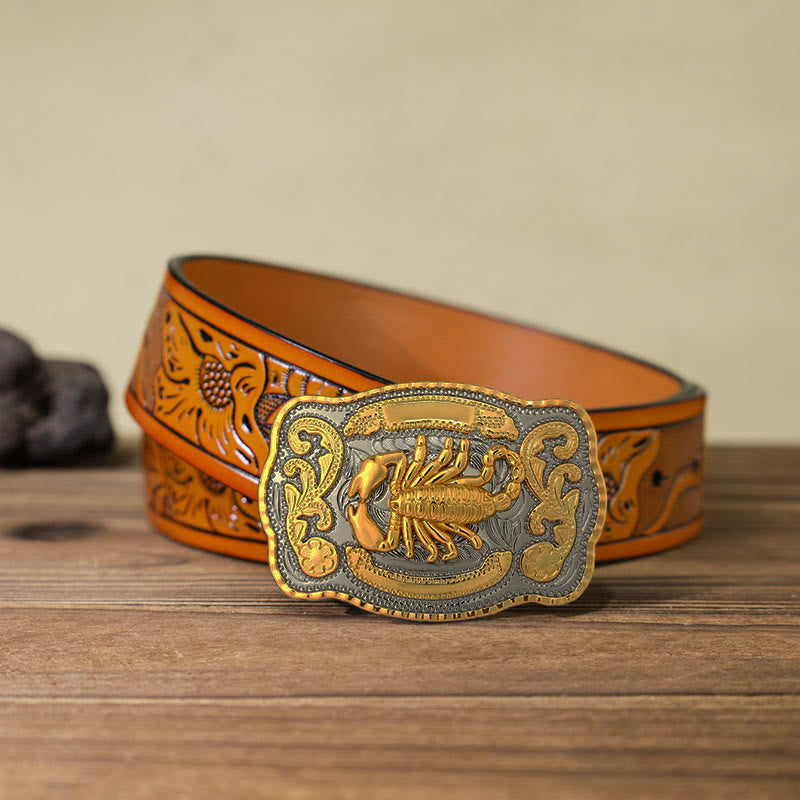 Ceinture en cuir à boucle scorpion doré pour homme
