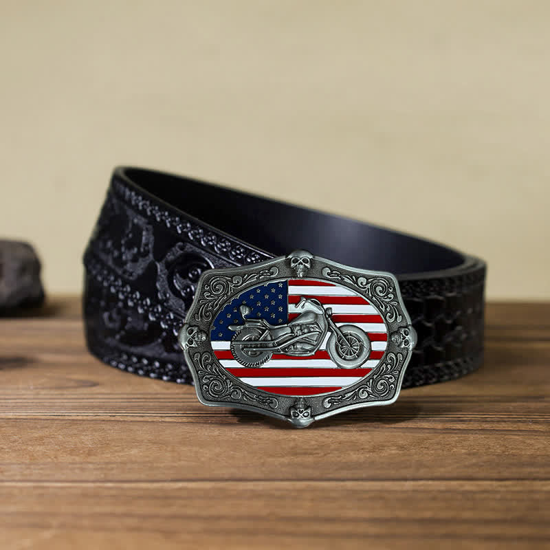 Ceinture en cuir à boucle tête de mort pour homme avec drapeau américain et moto