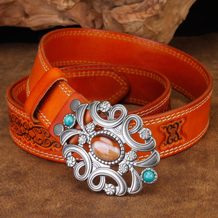 Ceinture unisexe en cuir avec pierre d'agate et fleur creuse turquoise
