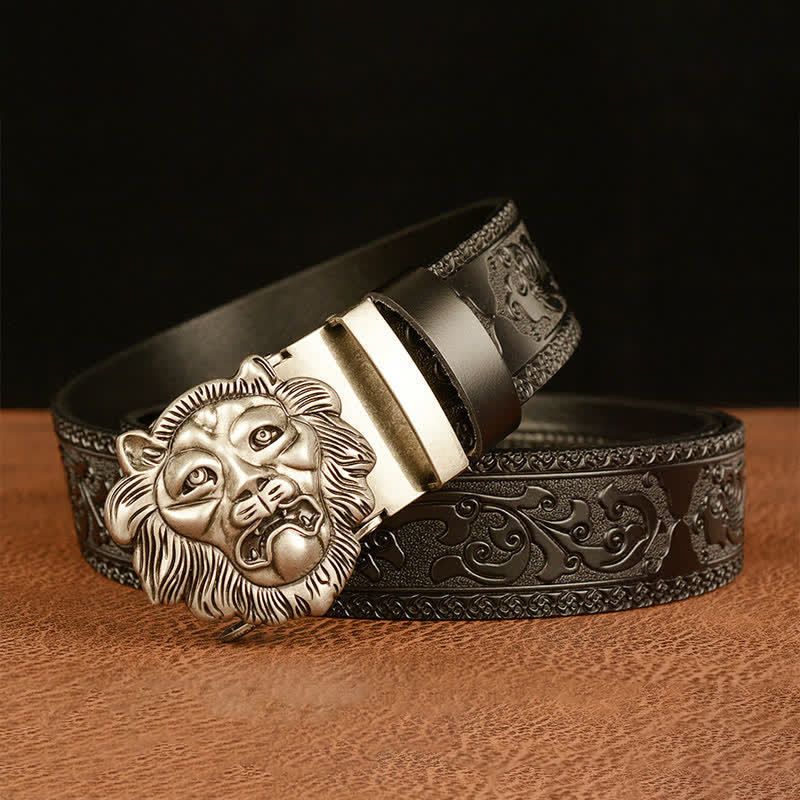 Ceinture en cuir pour homme avec tête de lion sculptée en 3D
