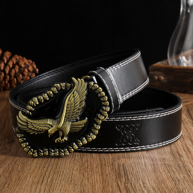 Ceinture en cuir pour homme avec motif d'aigle en or antique et faucon planant
