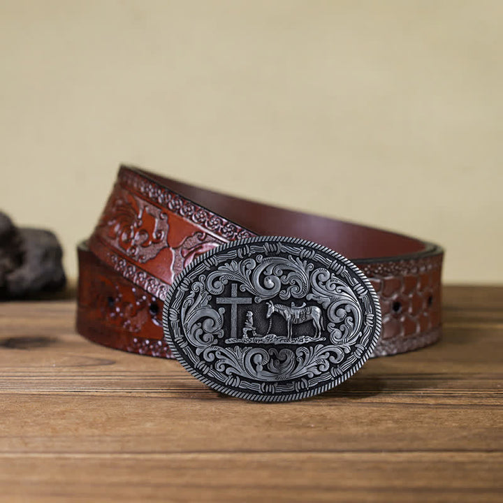 Ceinture en cuir à boucle ovale pour homme avec motif cowboy priant