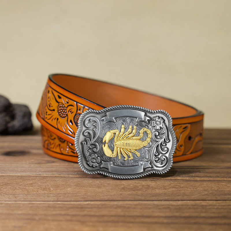 Ceinture en cuir à boucle animalière sculptée en or pour homme - Scorpion - Ceinture sculptée orange (40) - image 63