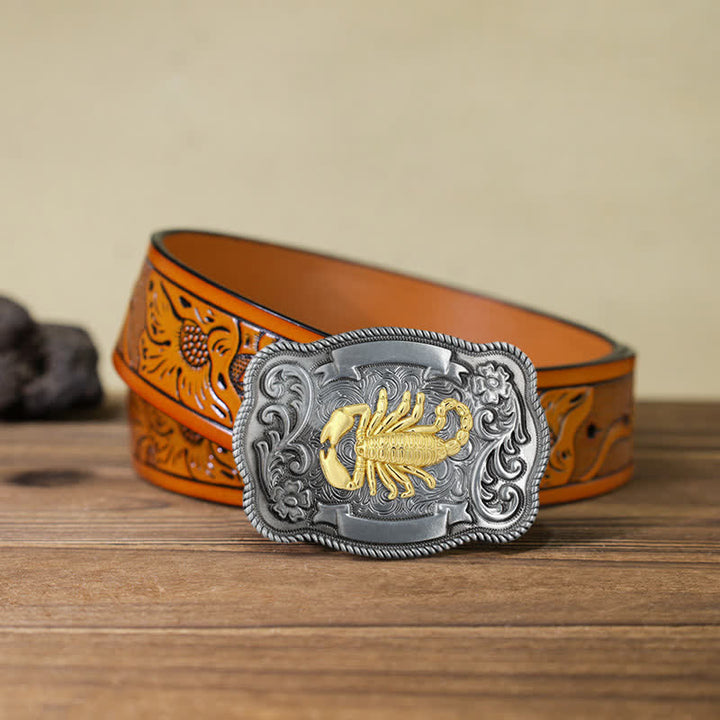 Ceinture en cuir à boucle animalière sculptée en or pour homme - Scorpion - Ceinture sculptée orange (40) - image 63