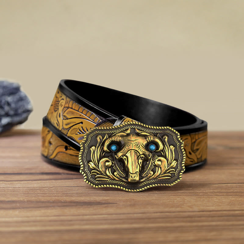 Ceinture en cuir à boucle turquoise pour homme avec tête de mort de chèvre