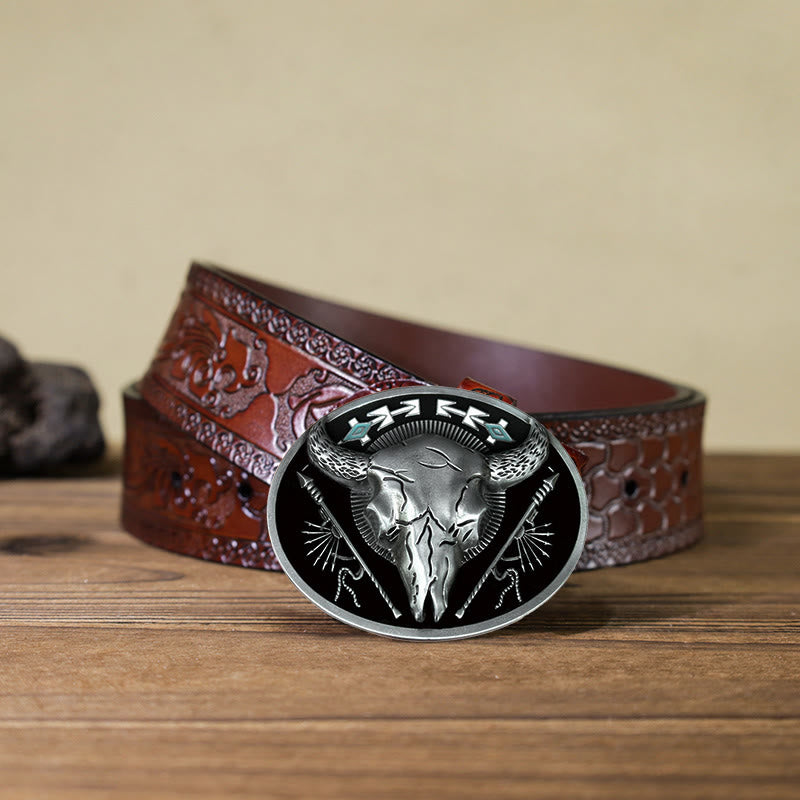 Ceinture en cuir à boucle tête de mort de taureau à thème indien pour hommes