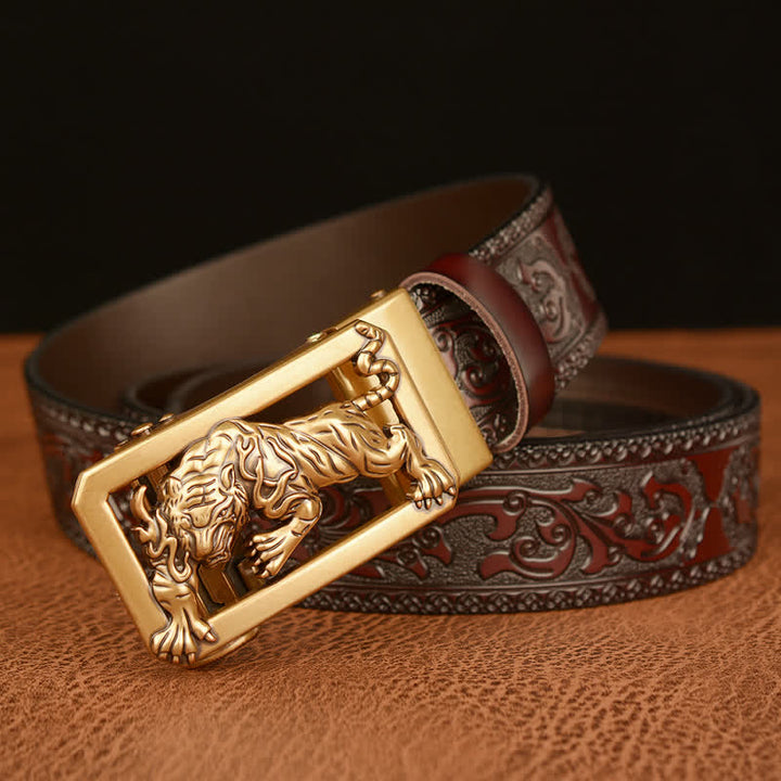 Ceinture en cuir à motif floral en relief avec boucle tigrée pour homme