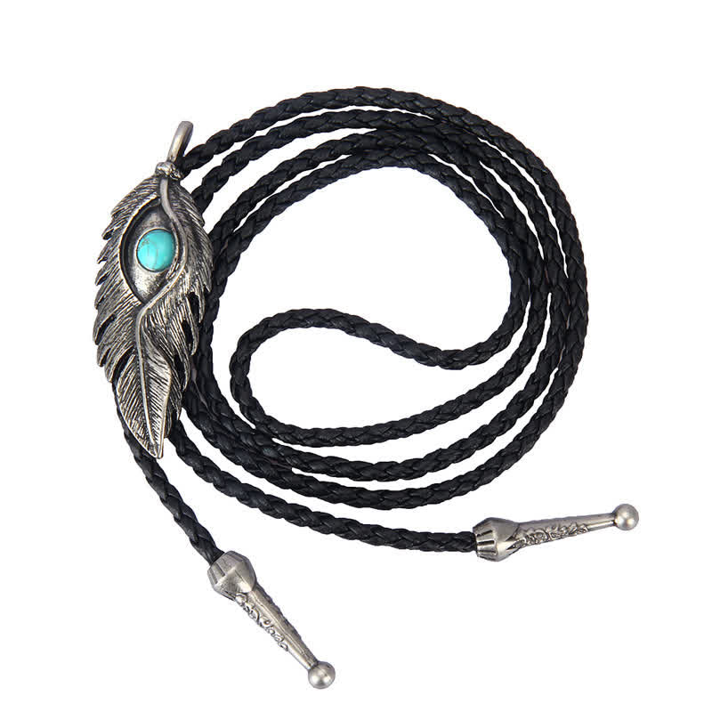 Cravate bolo en forme de plume avec incrustation de pierre turquoise bleue