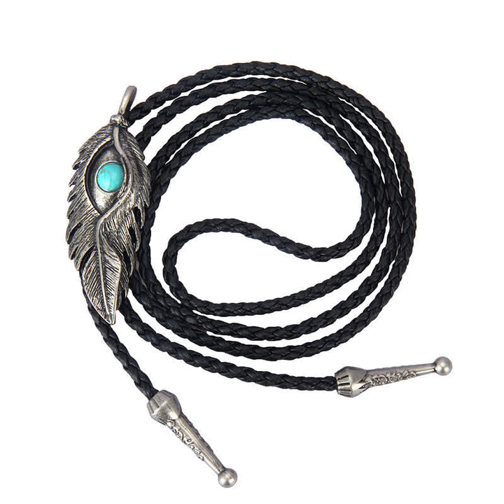 Cravate bolo en forme de plume avec incrustation de pierre turquoise bleue