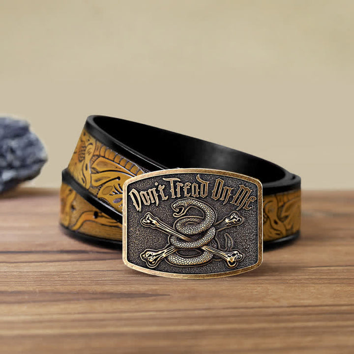Ceinture en cuir à boucle pour homme, motif tête de mort et serpent à sonnette