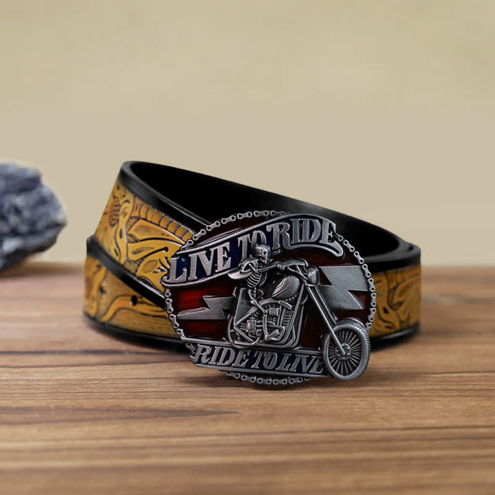 Ceinture en cuir à boucle pour homme avec tête de mort et motard Live to Ride