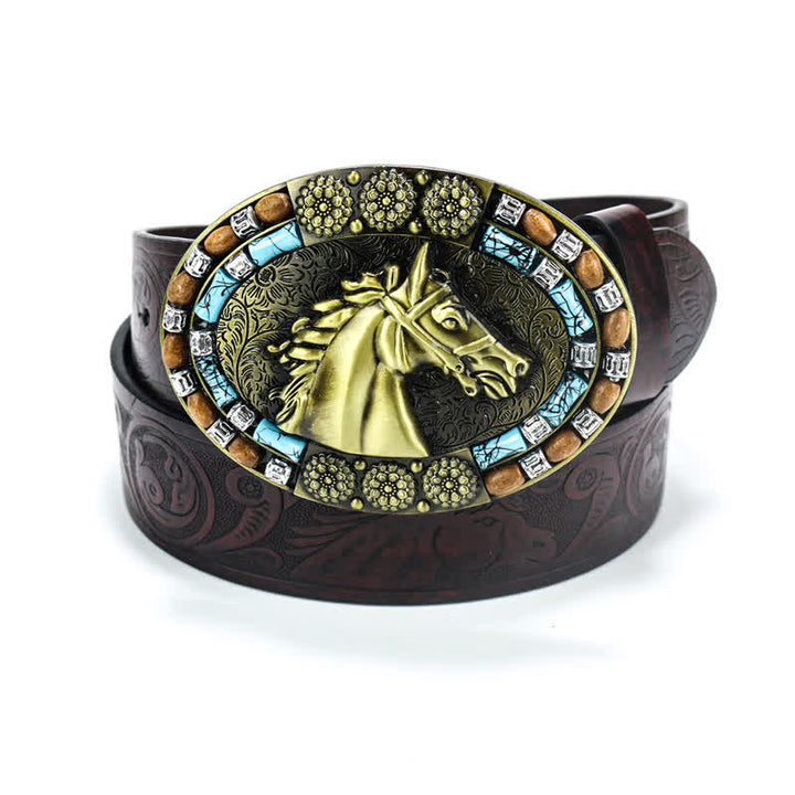 Ceinture en cuir turquoise pour homme avec tête de cheval de cow-boy