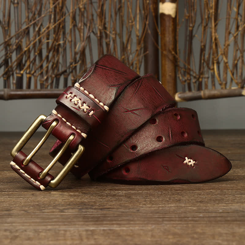 Ceinture en cuir à double boucle pour homme, effet vieilli