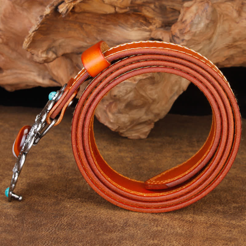 Ceinture unisexe en cuir avec pierre d'agate et fleur creuse turquoise