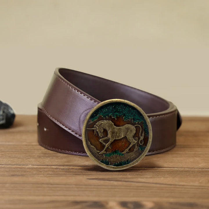 Ceinture en cuir à boucle en bronze antique pour homme avec licorne mystique