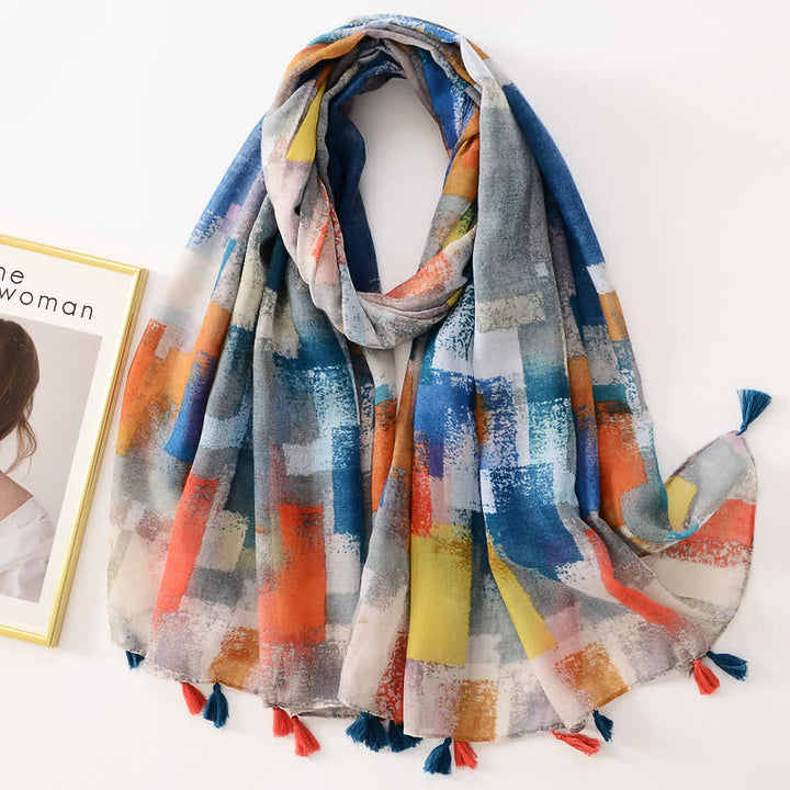 Écharpe fine à pompon et motif papillons floraux pour femme