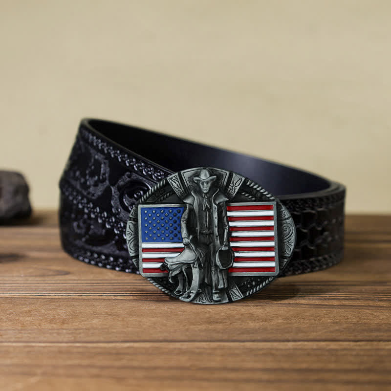 Ceinture en cuir à boucle de cowboy avec drapeau américain pour homme