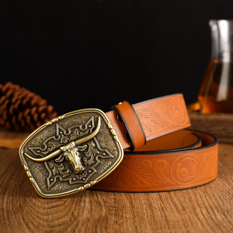 Ceinture en cuir imprimé tête de vache de style western pour homme