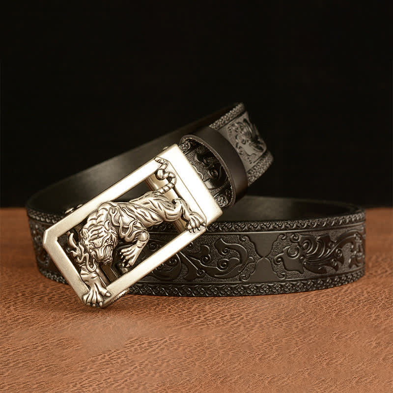 Ceinture en cuir à motif floral en relief avec boucle tigrée pour homme