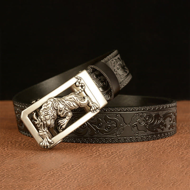 Ceinture en cuir à motif floral en relief avec boucle tigrée pour homme