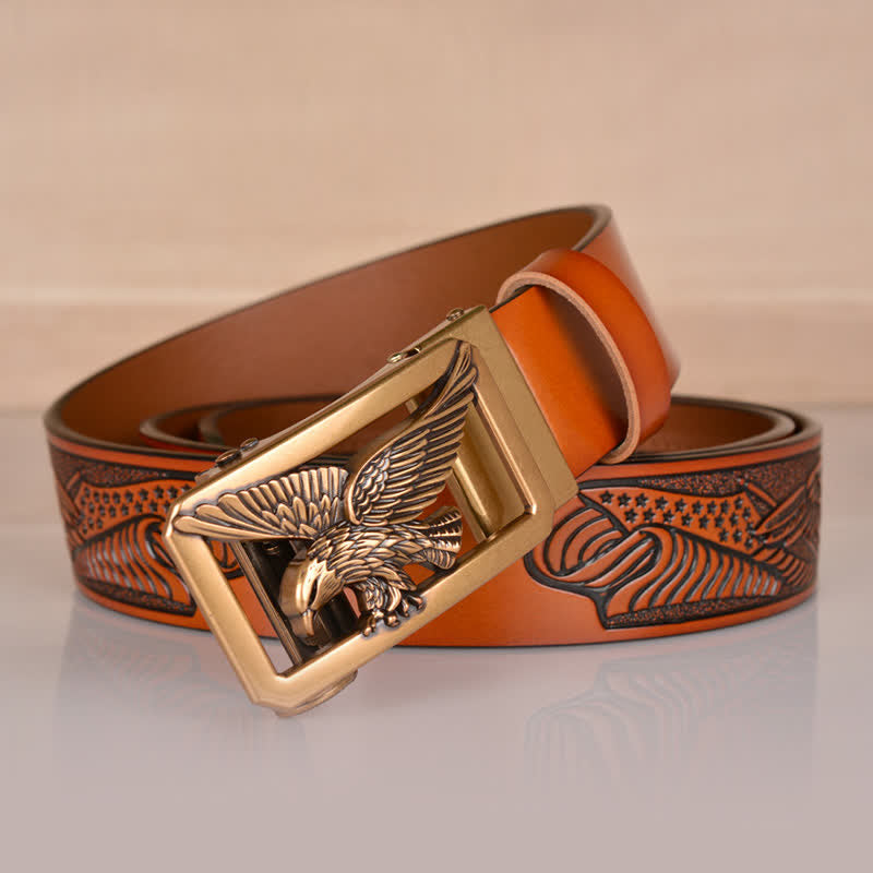 Ceinture en cuir gaufré à boucle aigle creuse pour homme