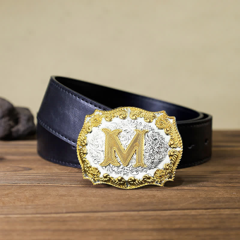 Ceinture en cuir pour homme avec boucle initiale dorée - M - Ceinture en PU noir (40) - image 4