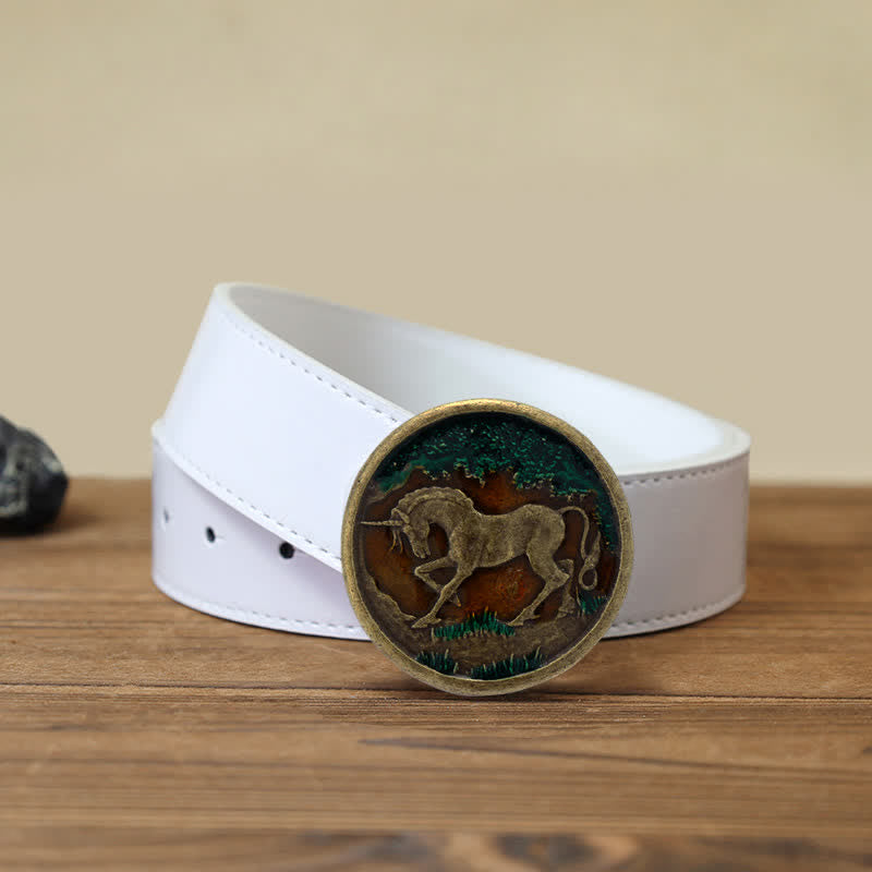 Ceinture en cuir à boucle en bronze antique pour homme avec licorne mystique