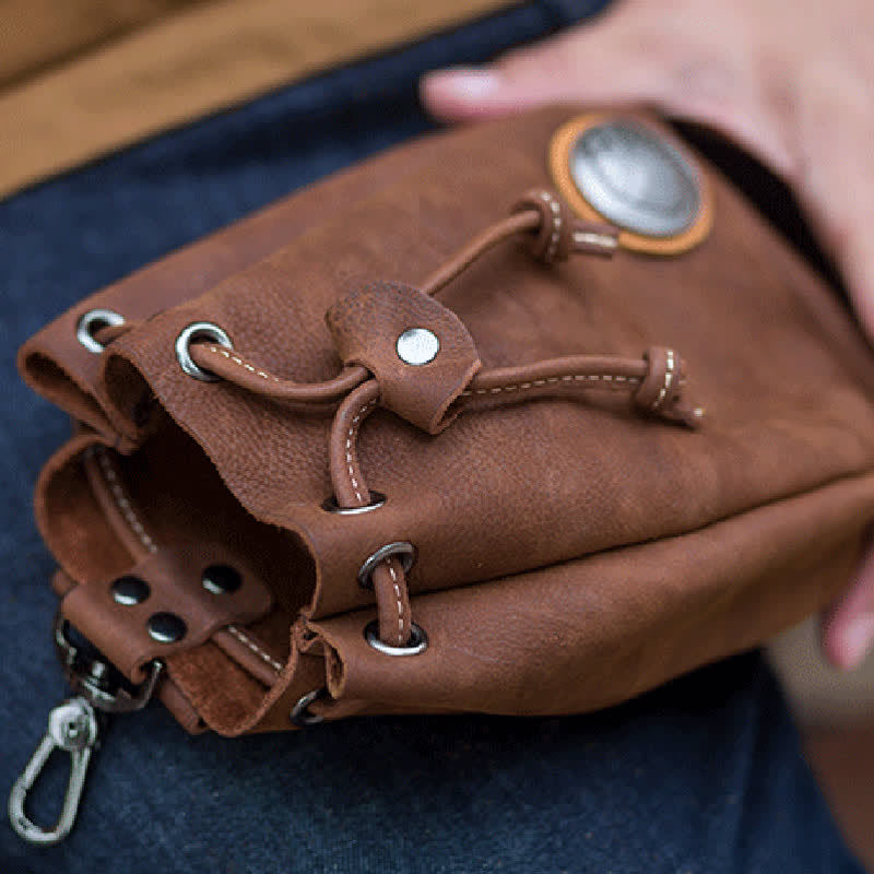 Petit portefeuille, porte-monnaie, sac ceinture en cuir avec cordon de serrage
