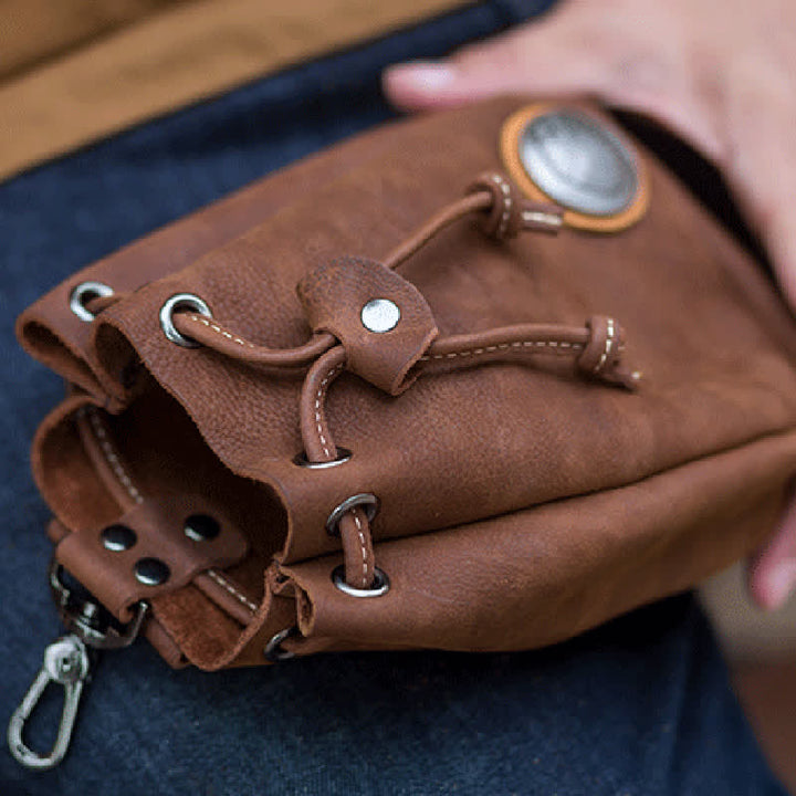 Petit portefeuille, porte-monnaie, sac ceinture en cuir avec cordon de serrage