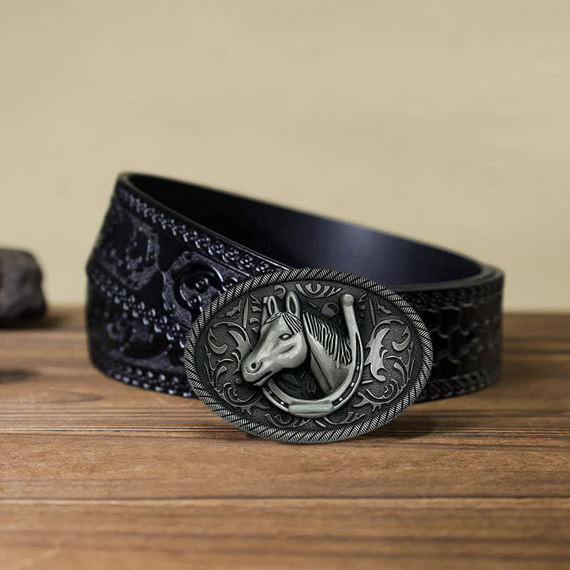 Ceinture en cuir à boucle en fer à cheval argentée antique pour homme