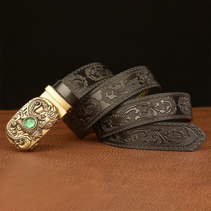 Ceinture en cuir pour homme avec pierre précieuse gravée en forme de dragon