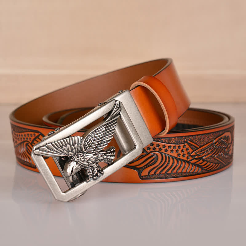Ceinture en cuir gaufré à boucle aigle creuse pour homme