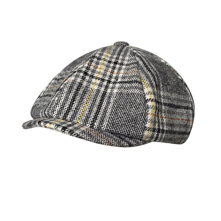Casquette béret gavroche à carreaux gris et rayures jaunes