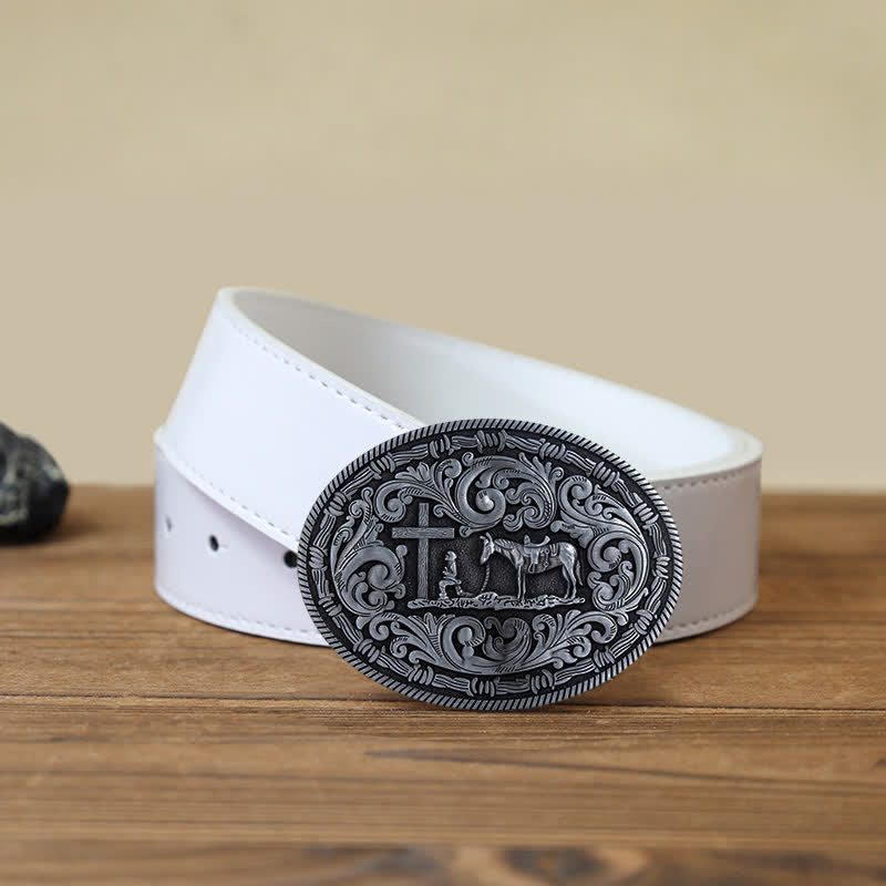 Ceinture en cuir à boucle ovale pour homme avec motif cowboy priant