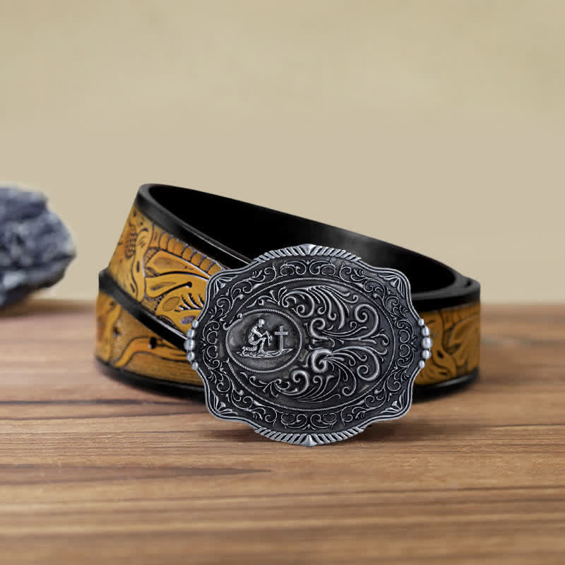 Ceinture en cuir à boucle gravée pour homme avec motif floral et prière sincère