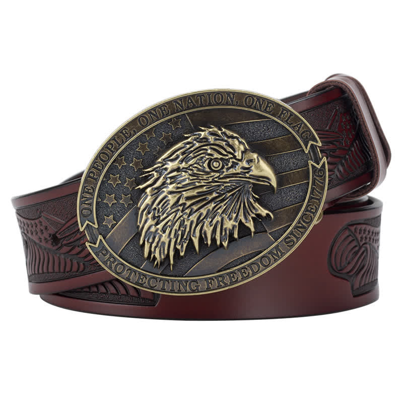 Ceinture en cuir à boucle pour homme avec tête d'aigle à tête blanche et drapeau américain