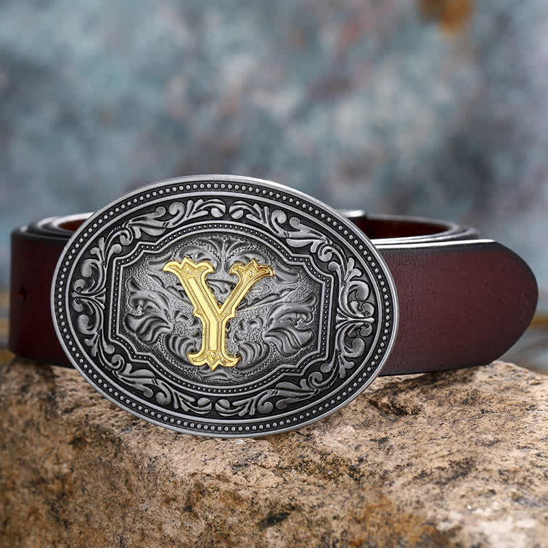Ceinture en cuir unisexe style hip-hop avec boucle en relief et initiales