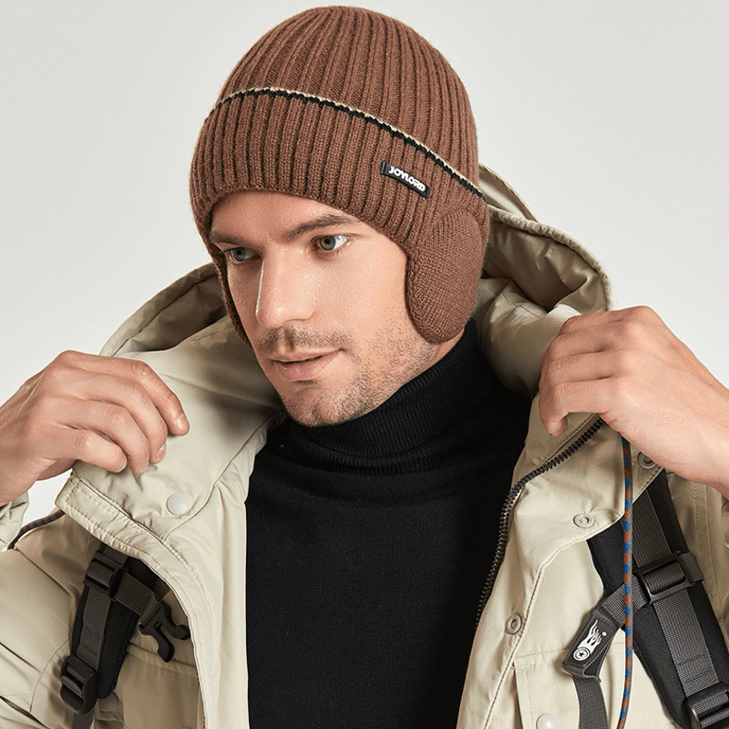 Bonnet unisexe en tricot épais et élastique avec cache-oreilles de couleur unie