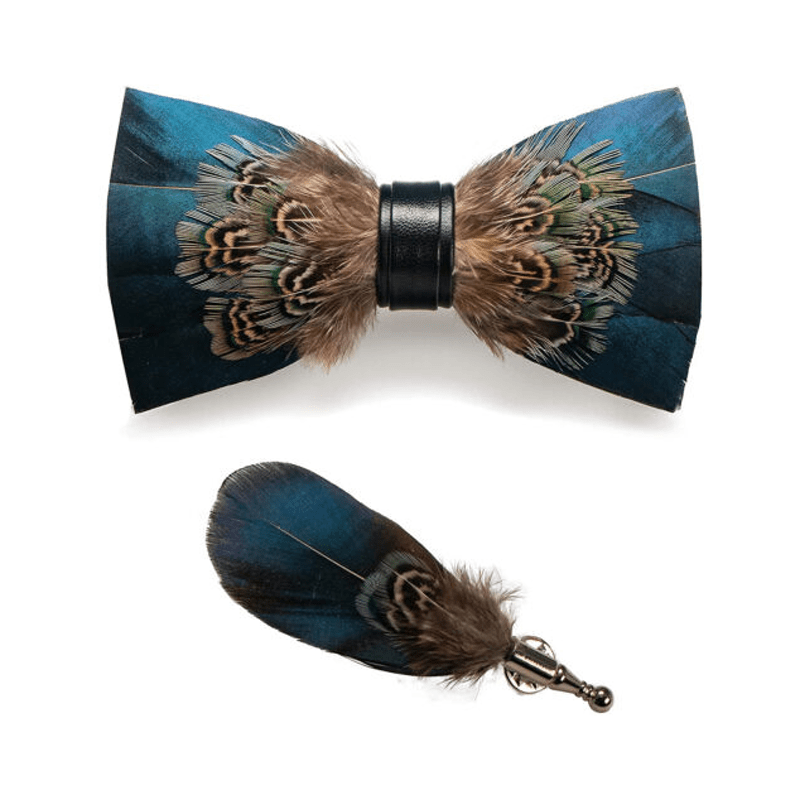 Nœud papillon vintage en plumes vert et marron avec épingle à revers