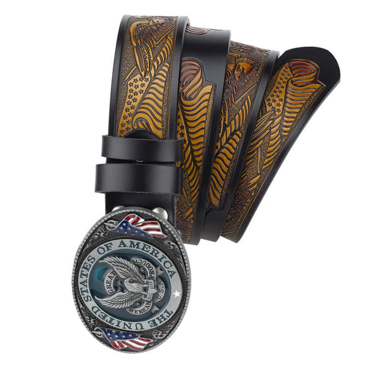 Ceinture en cuir à boucle patriotique pour homme avec ailes déployées et aigle