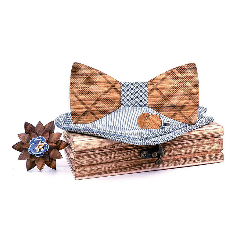 Lot de 4 nœuds papillon en bois à carreaux classiques pour hommes