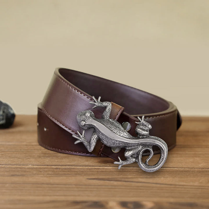 Ceinture en cuir à boucle unique en forme de lézard argenté pour homme