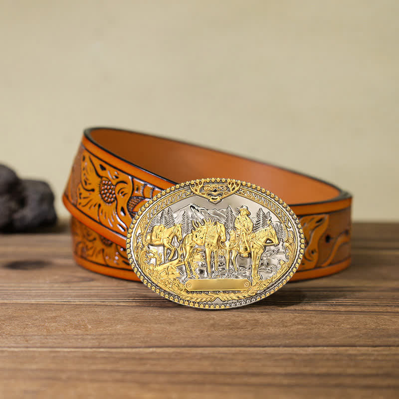 Ceinture en cuir à boucle pour homme avec motif de cheval de cow-boy