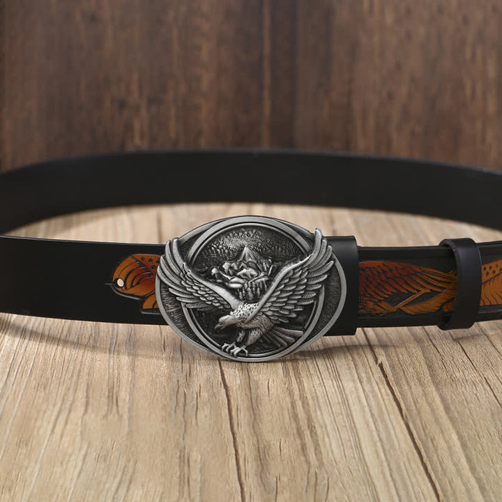 Ceinture en cuir à motif sculpté avec boucle d'aigle volant fantaisie pour homme