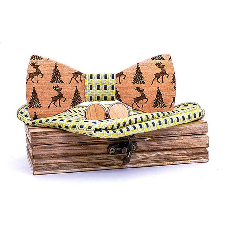 Lot de 3 nœuds papillon en bois à motif cerf et sapin de Noël pour homme