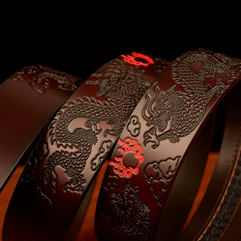 Ceinture en cuir à boucle automatique ronde pour homme avec motif dragon de flamme